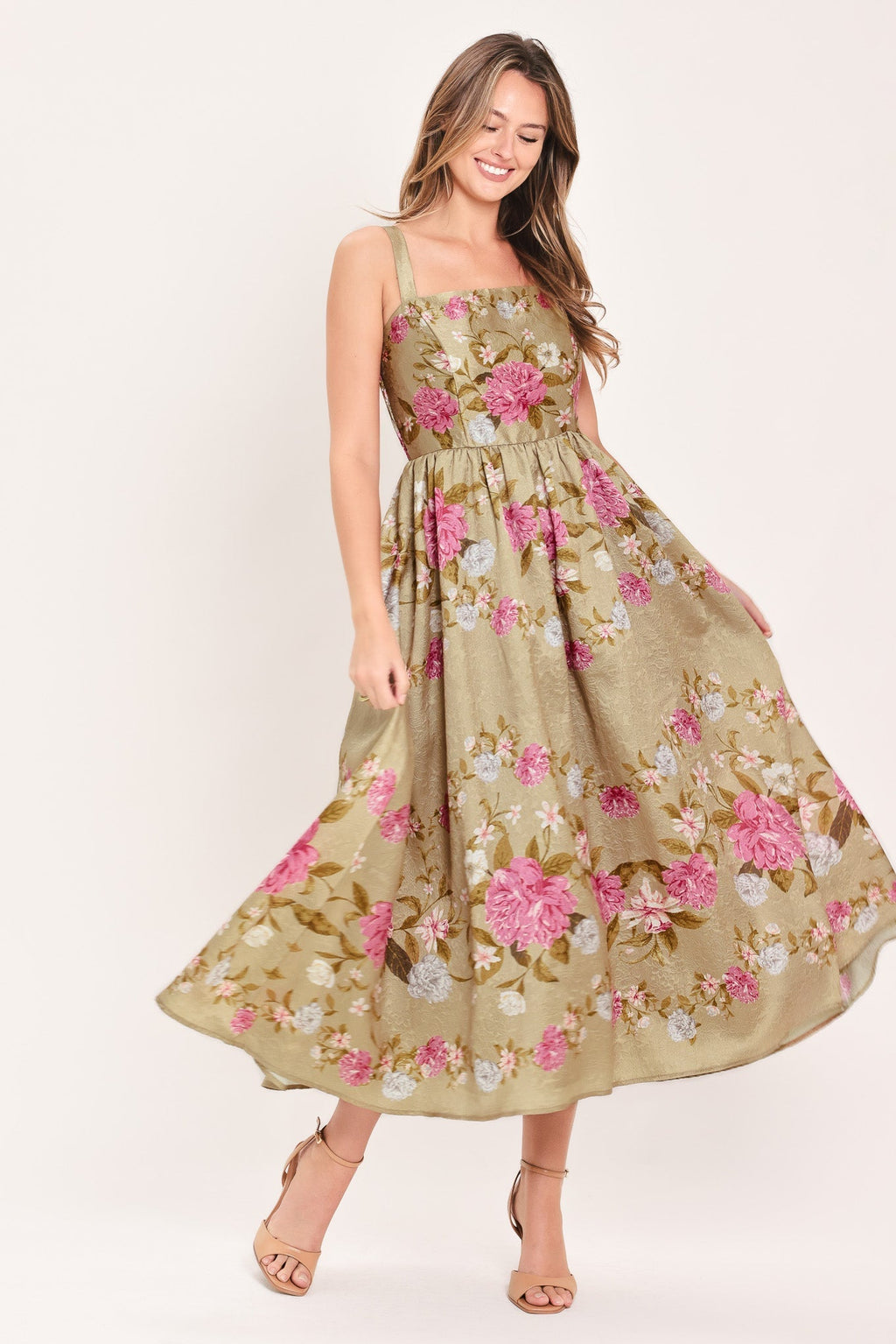 SWEET PEONY MORNING WOVEN MIDI DRESS Flying Tomato