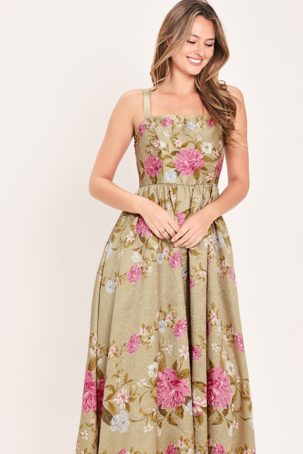 SWEET PEONY MORNING WOVEN MIDI DRESS Flying Tomato
