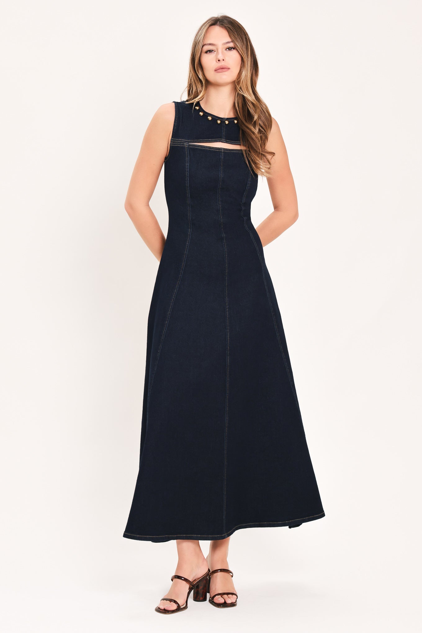 MIDNIGHT GOLDEN SECRET DENIM MAXI DRESS Flying Tomato