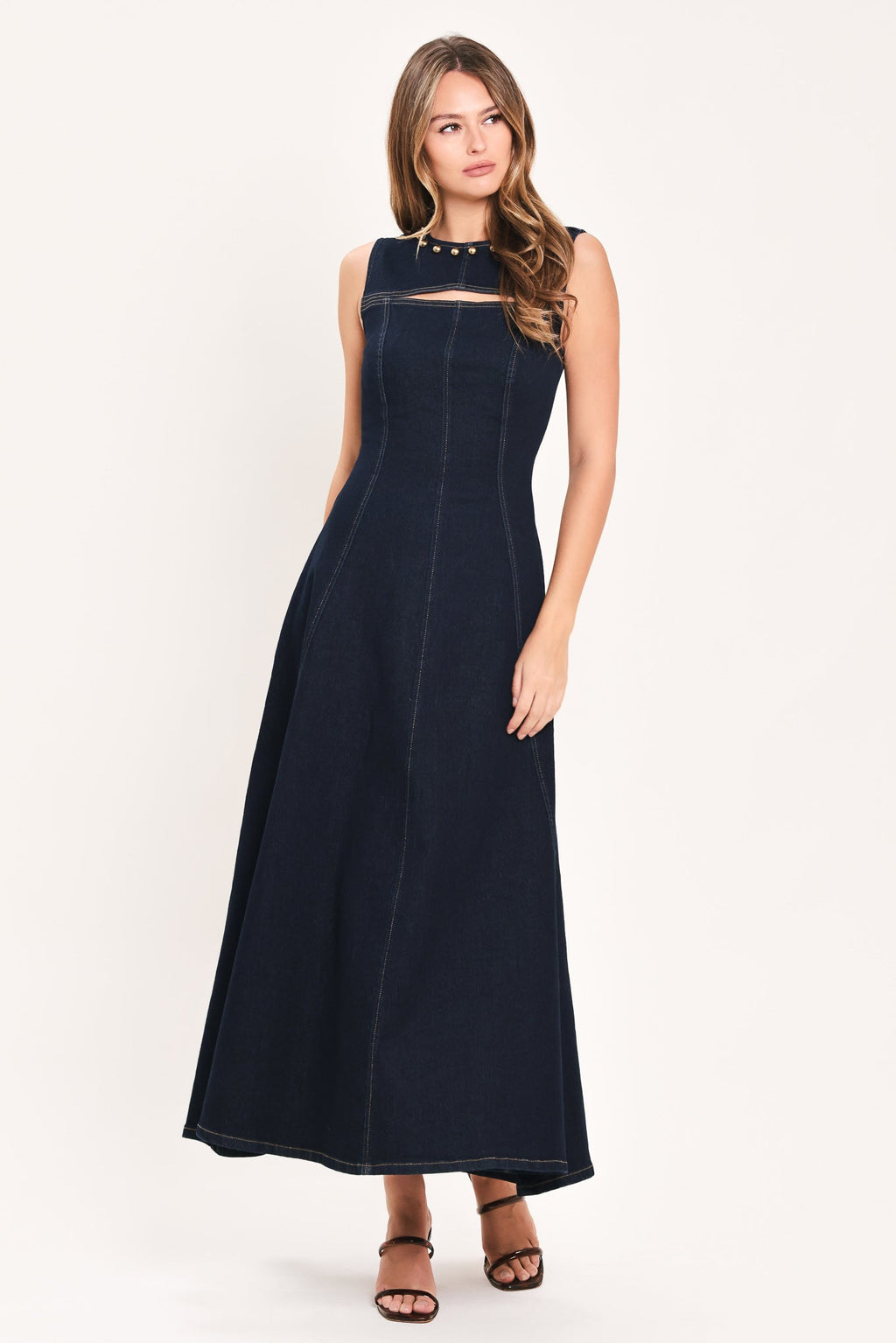 MIDNIGHT GOLDEN SECRET DENIM MAXI DRESS Flying Tomato