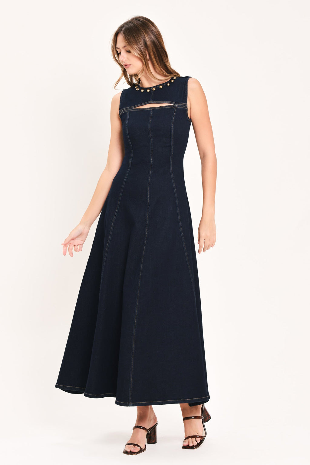 MIDNIGHT GOLDEN SECRET DENIM MAXI DRESS Flying Tomato