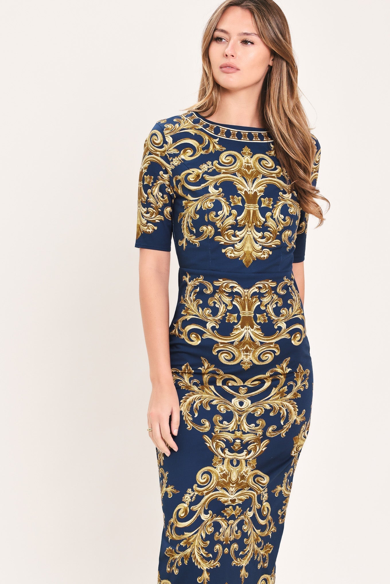 NOBLE GOLDEN FLOURISH WOVEN MIDI DRESS Flying Tomato