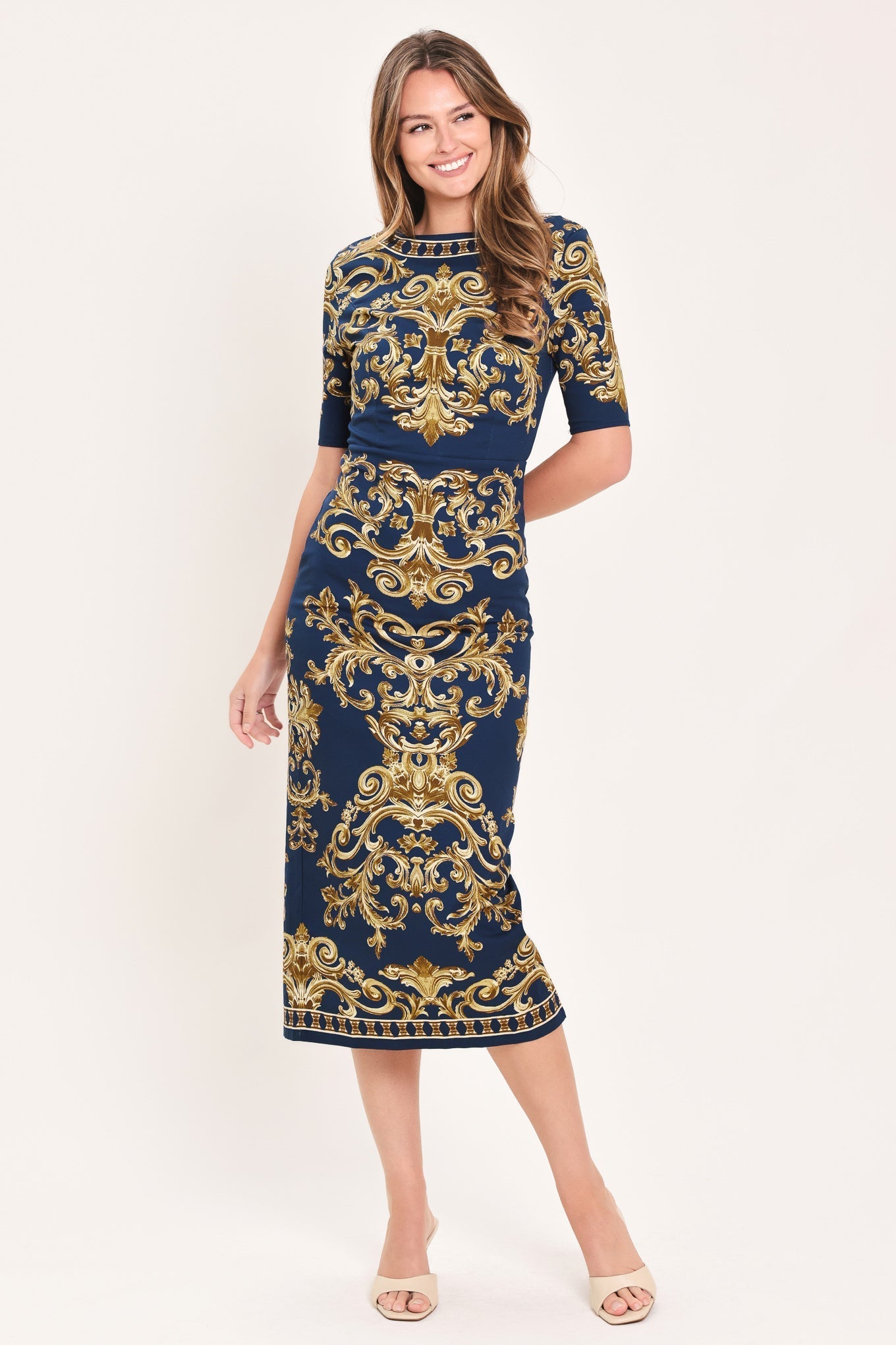 NOBLE GOLDEN FLOURISH WOVEN MIDI DRESS Flying Tomato