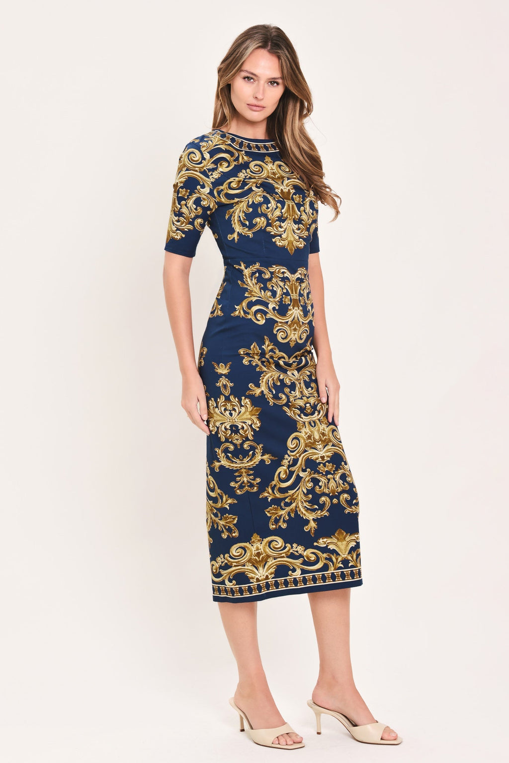 NOBLE GOLDEN FLOURISH WOVEN MIDI DRESS Flying Tomato