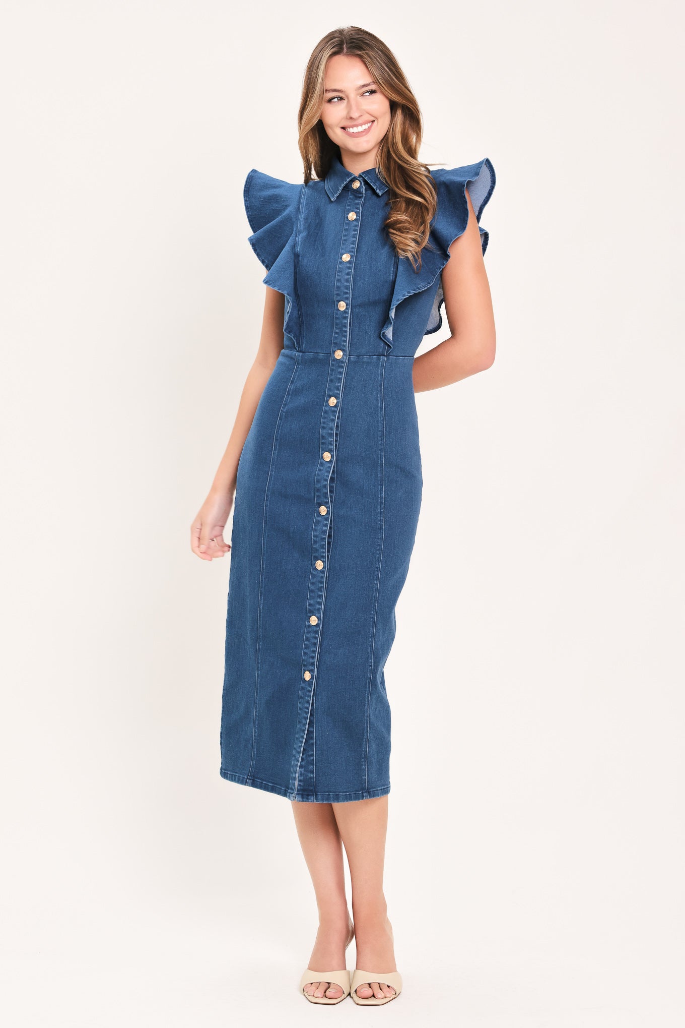 SWEETHEART BUTTON PARADE DENIM MIDI DRESS Flying Tomato