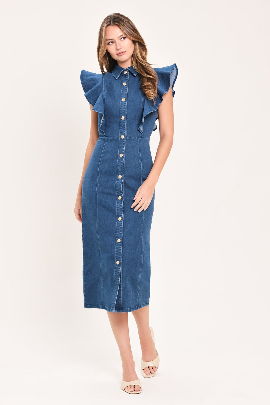SWEETHEART BUTTON PARADE DENIM MIDI DRESS Flying Tomato