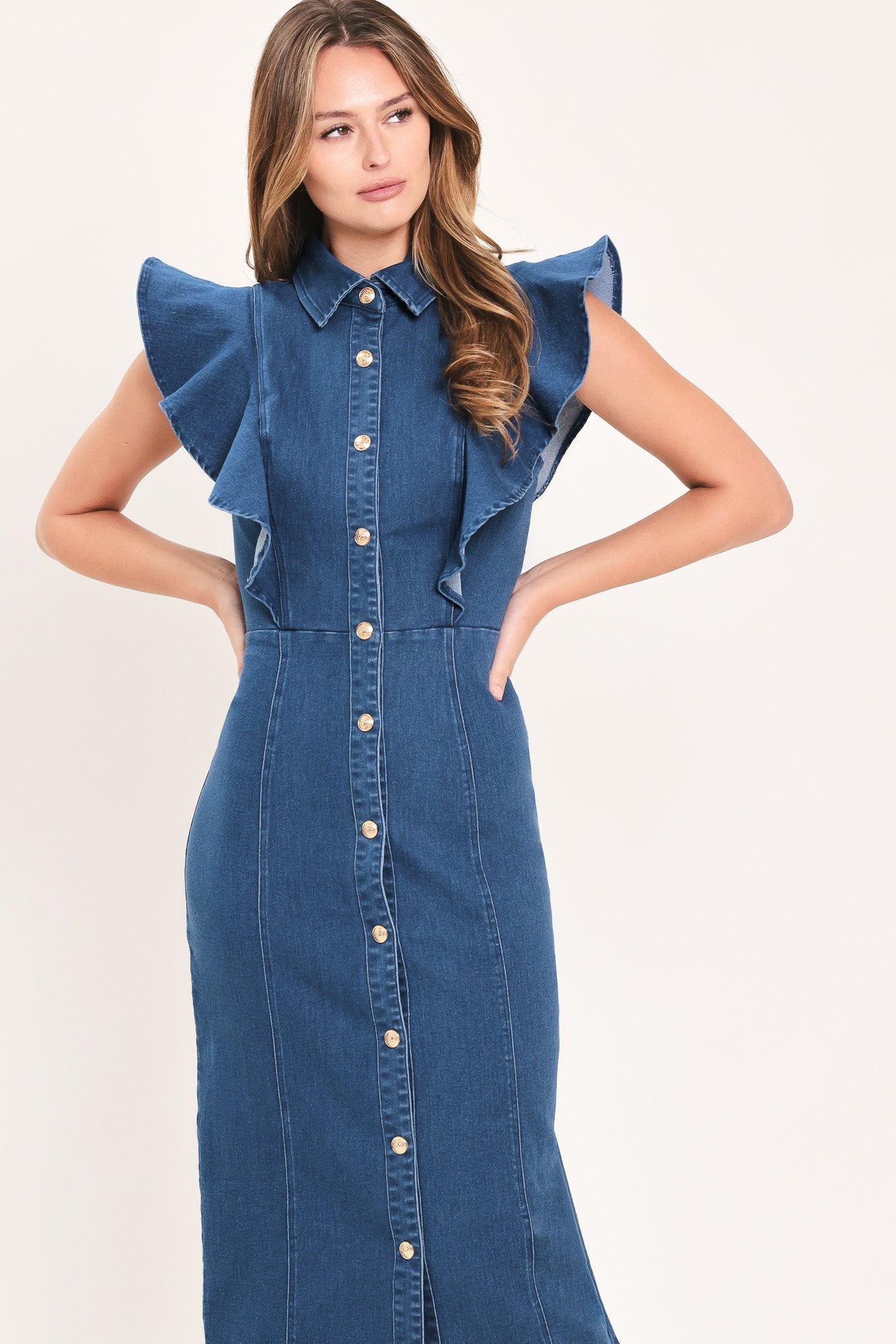 SWEETHEART BUTTON PARADE DENIM MIDI DRESS Flying Tomato