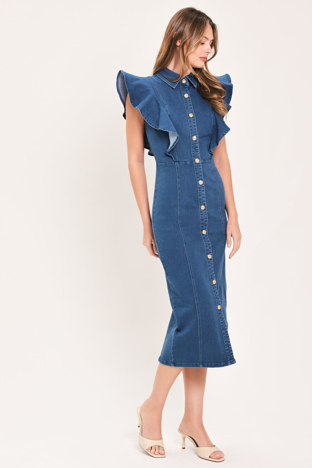 SWEETHEART BUTTON PARADE DENIM MIDI DRESS Flying Tomato