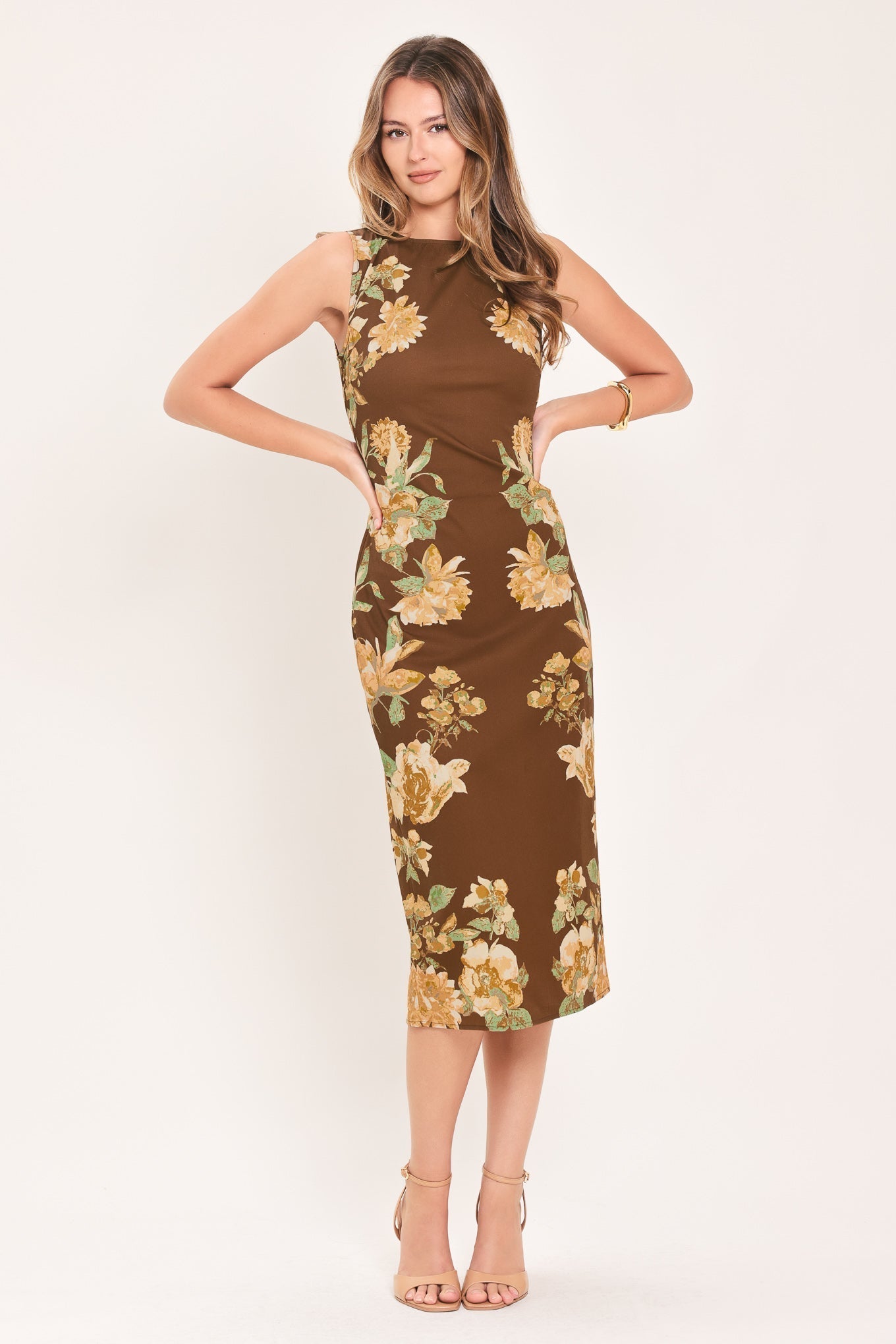 SEPIA FLORA SCULPTURE WOVEN MIDI DRESS Flying Tomato