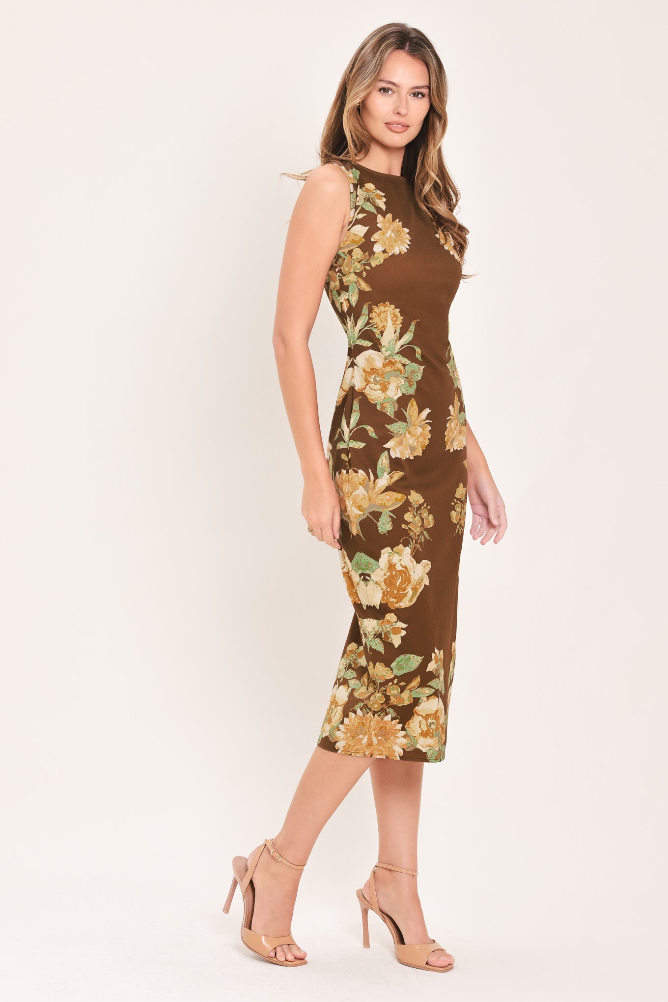 SEPIA FLORA SCULPTURE WOVEN MIDI DRESS Flying Tomato
