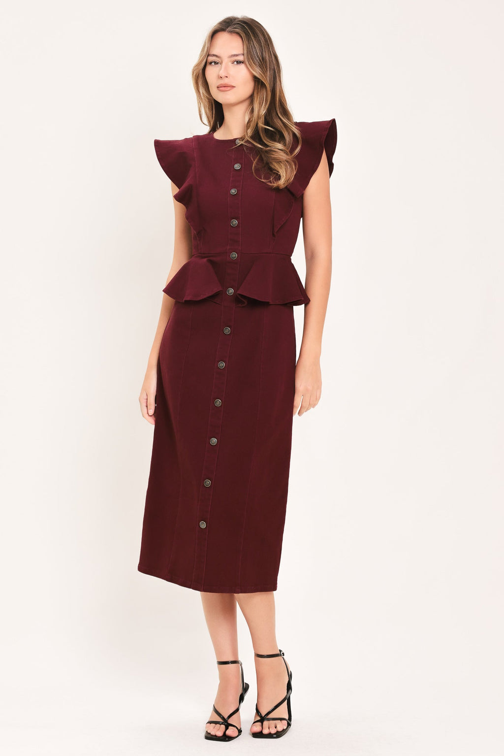 BURGUNDY RUFFLE REVERENCE WOVEN MIDI DRESS Flying Tomato