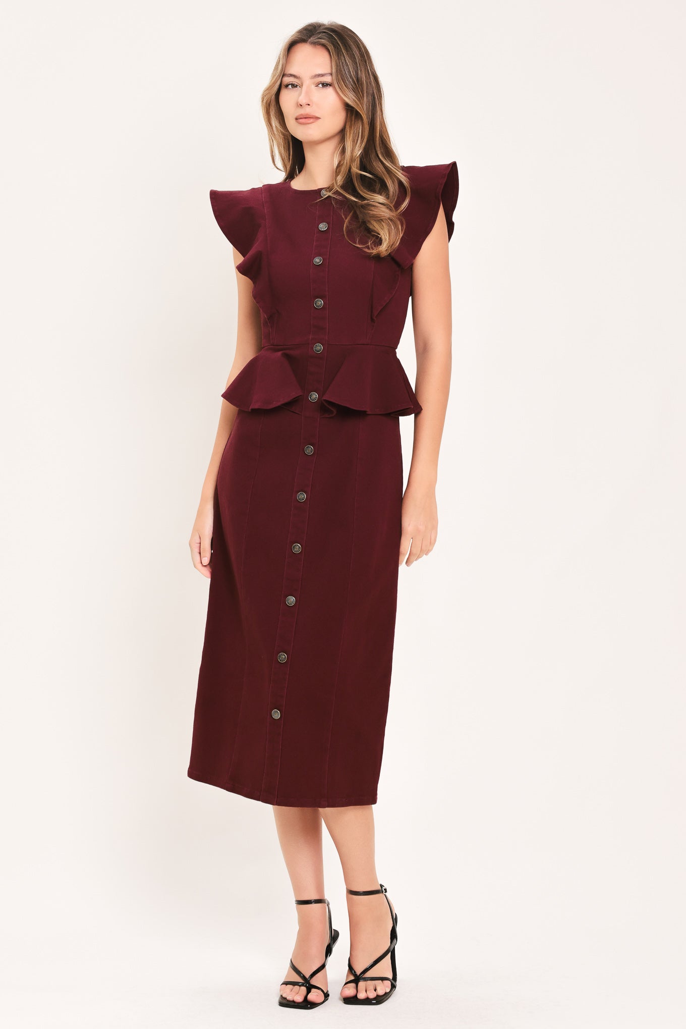 BURGUNDY RUFFLE REVERENCE WOVEN MIDI DRESS Flying Tomato