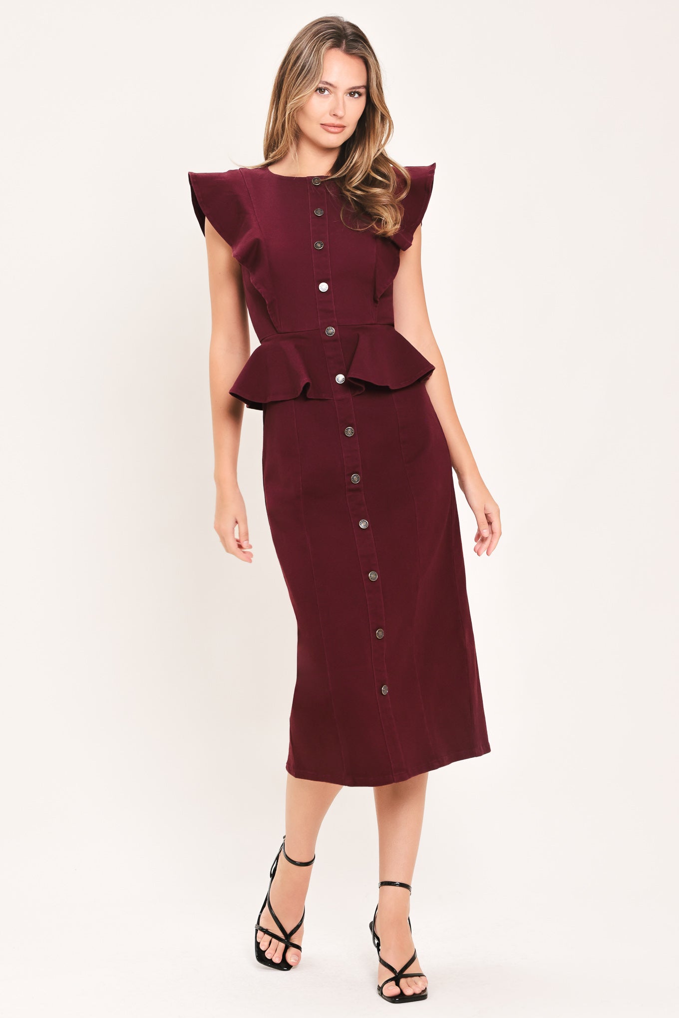 BURGUNDY RUFFLE REVERENCE WOVEN MIDI DRESS Flying Tomato