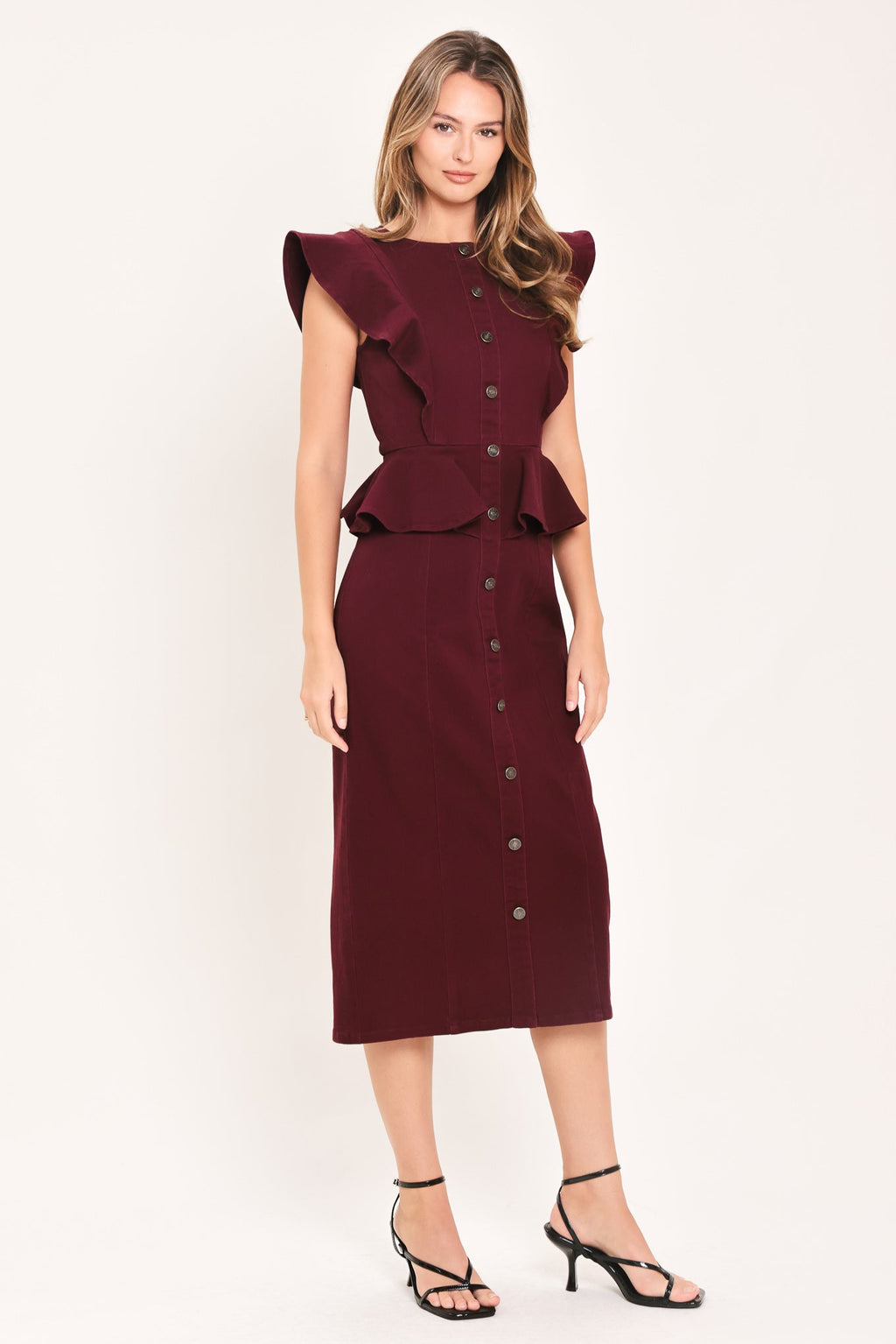 BURGUNDY RUFFLE REVERENCE WOVEN MIDI DRESS Flying Tomato