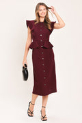 BURGUNDY RUFFLE REVERENCE WOVEN MIDI DRESS Flying Tomato