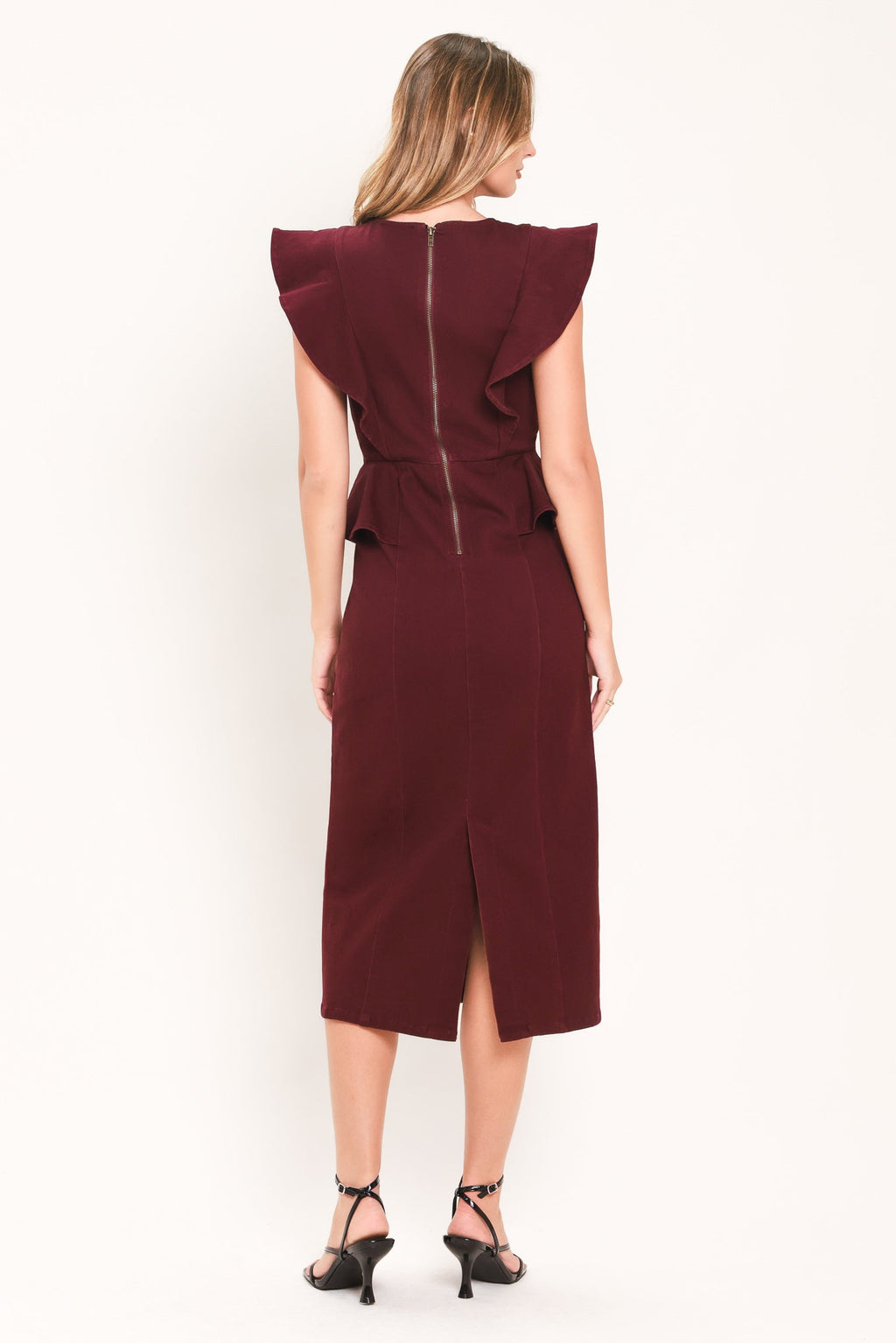 BURGUNDY RUFFLE REVERENCE WOVEN MIDI DRESS Flying Tomato