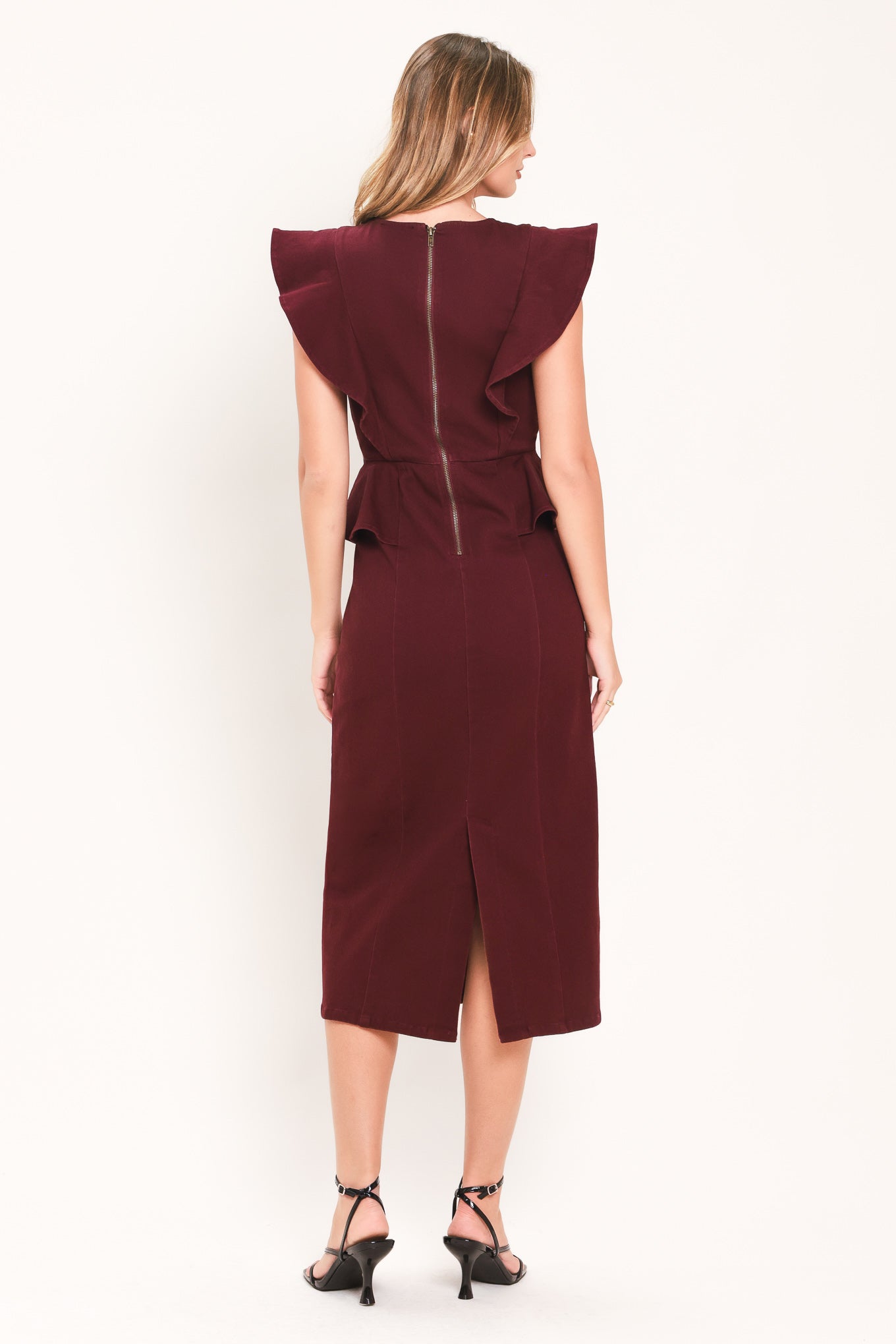 BURGUNDY RUFFLE REVERENCE WOVEN MIDI DRESS Flying Tomato