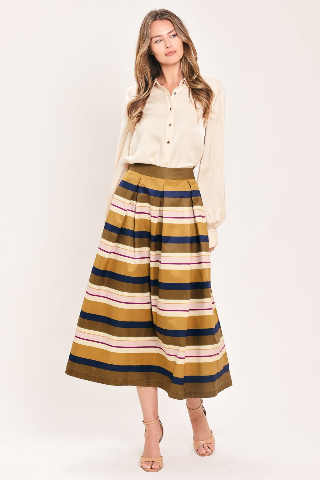 SAFFRON STRIPE WHISPER WOVEN FULL MIDI SKIRT Flying Tomato