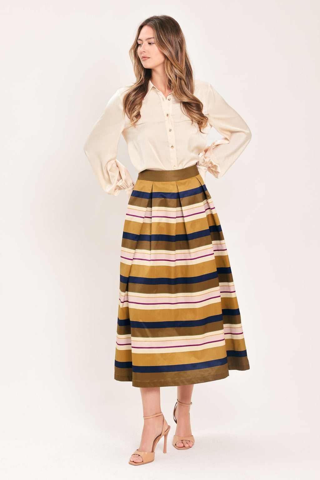 SAFFRON STRIPE WHISPER WOVEN FULL MIDI SKIRT Flying Tomato