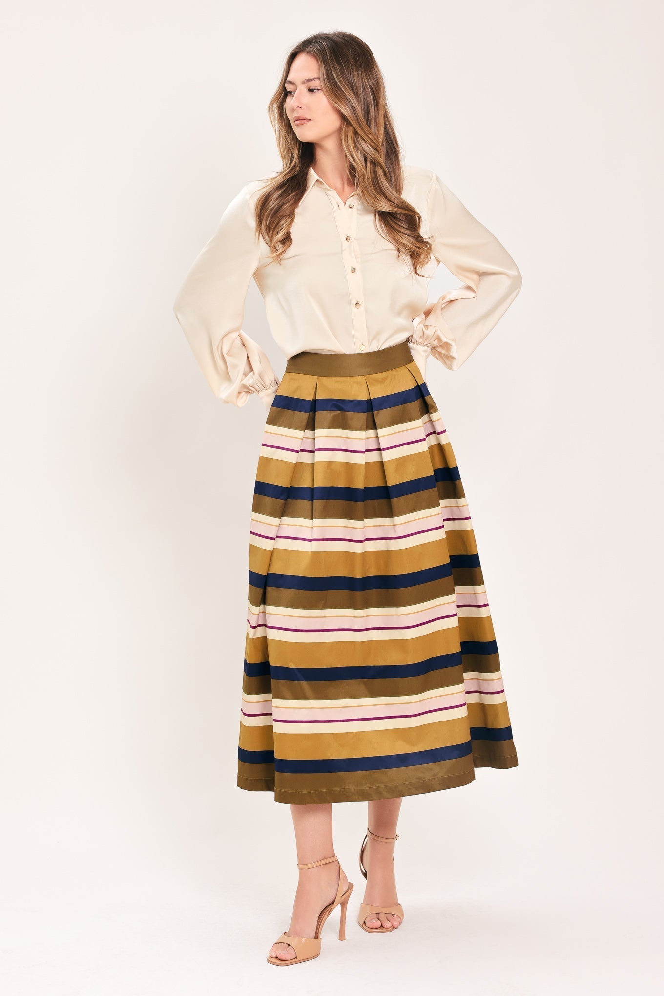 SAFFRON STRIPE WHISPER WOVEN FULL MIDI SKIRT Flying Tomato