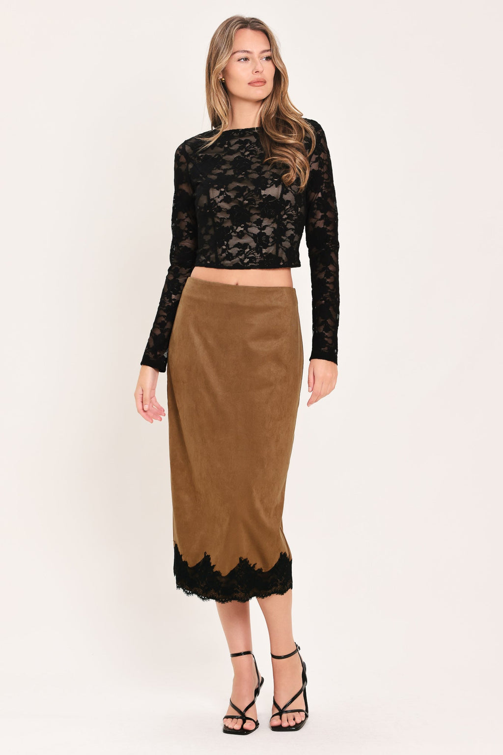 UMBER LACE AFTERGLOW FAUX SUEDE STRAIGHT SKIRT Flying Tomato