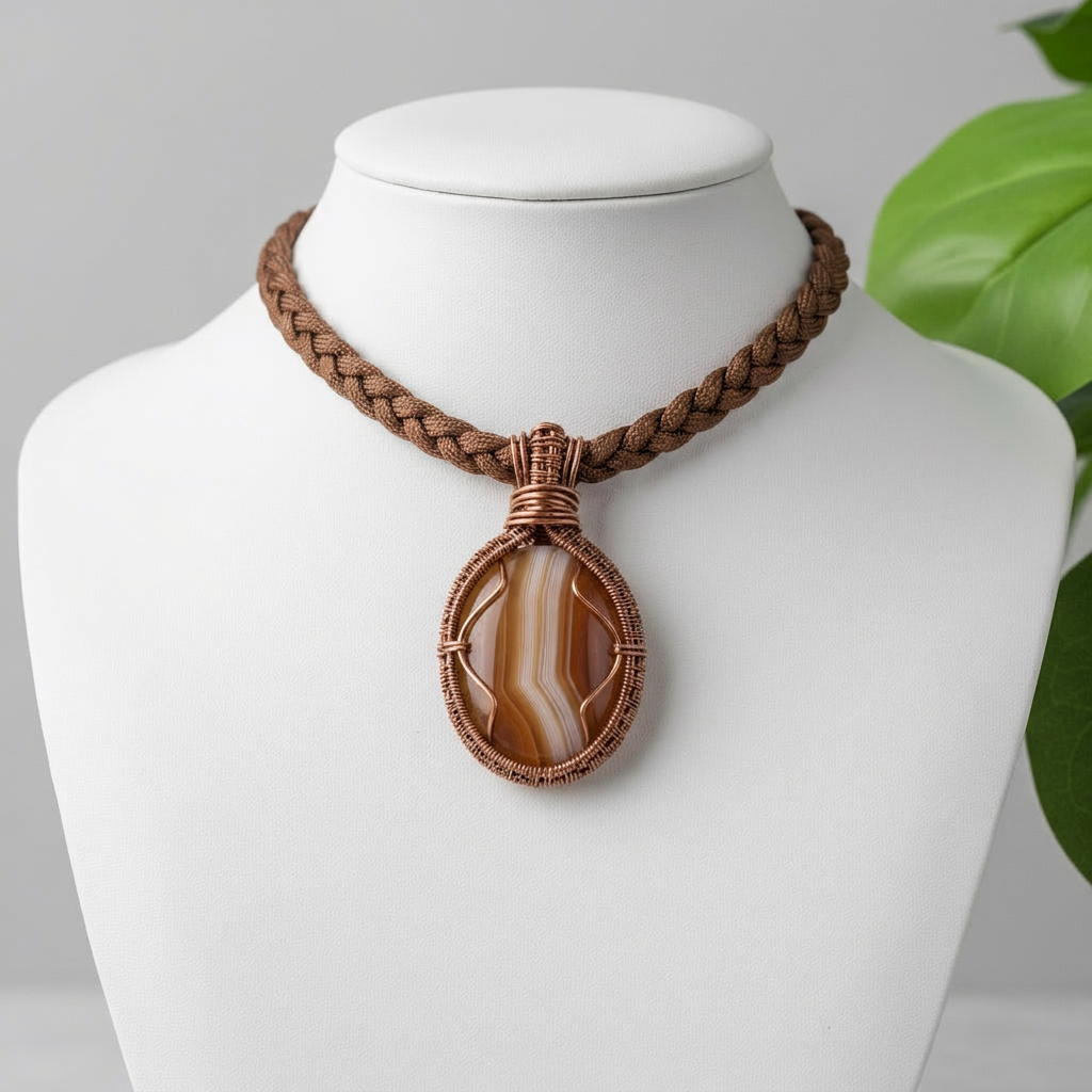 Custom copper wire wrapped agate necklace with braided necklace cord The Vibez Shop