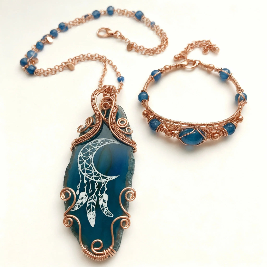 Custom wire wrapped Crescent moon, engraved agate necklace, and bracelet set The Vibez Shop