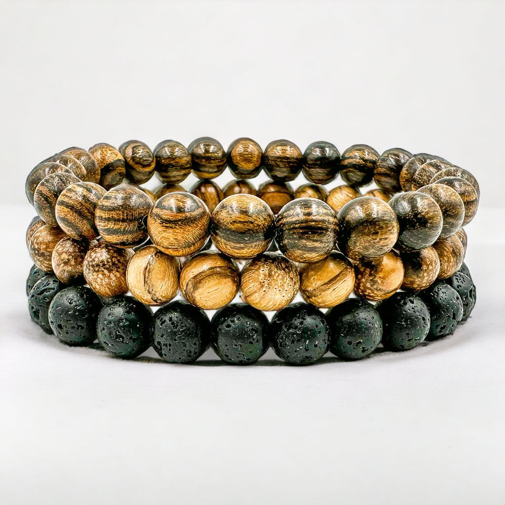 Premium 3 Pack Beaded Bracelet Stack - Sandalwood & Lava Rock Everwood Original