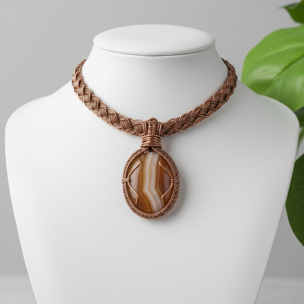 Custom copper wire wrapped agate necklace with braided necklace cord The Vibez Shop