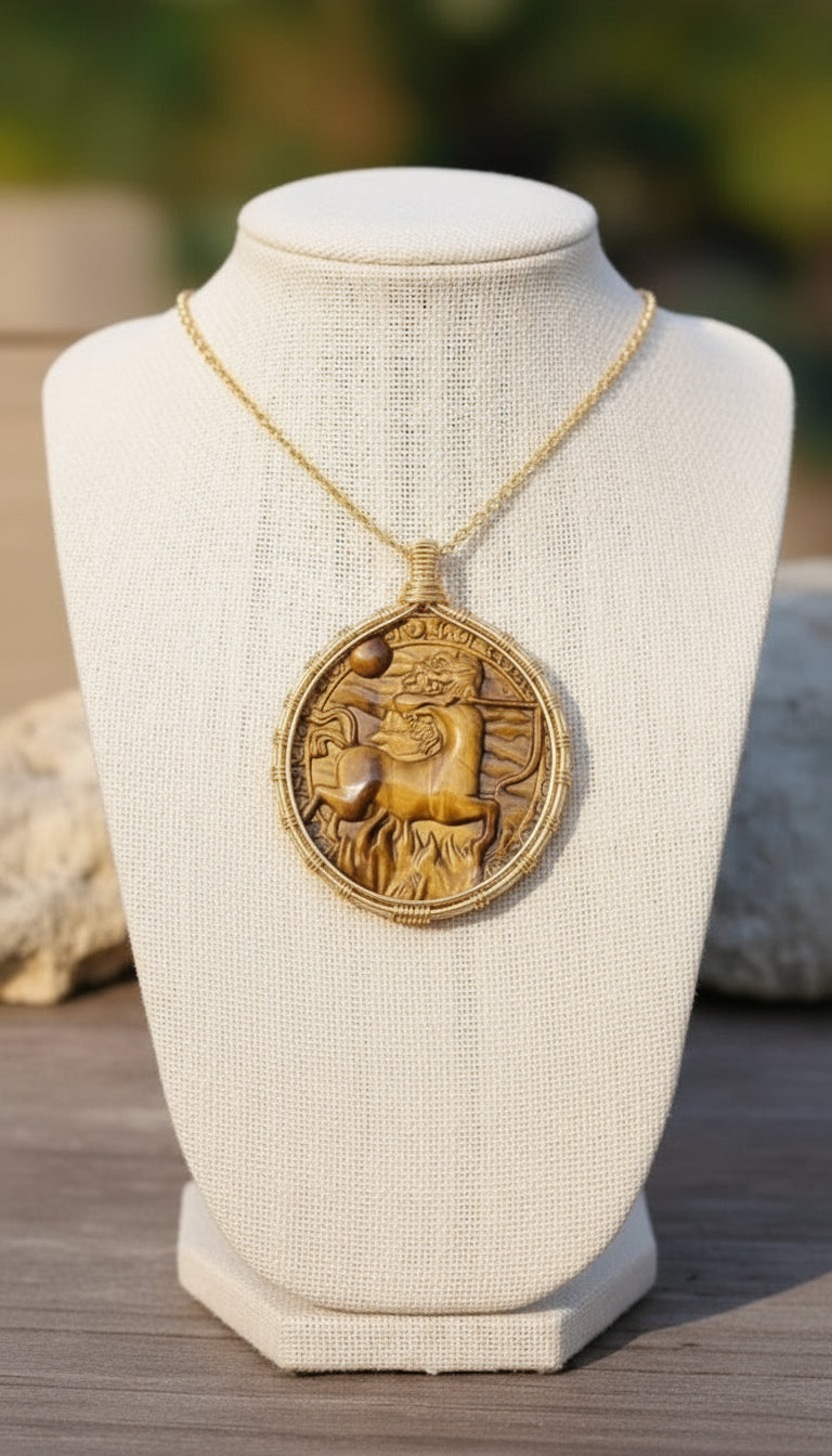 Custom wire wrapped engraved tiger’s eye zodiac necklace The Vibez Shop