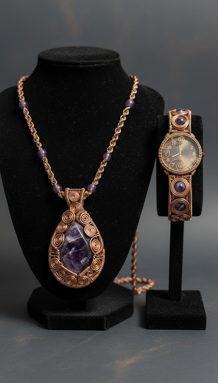 Wire Wrapped Amethyst Watch And 22” Necklace Set The Vibez Shop