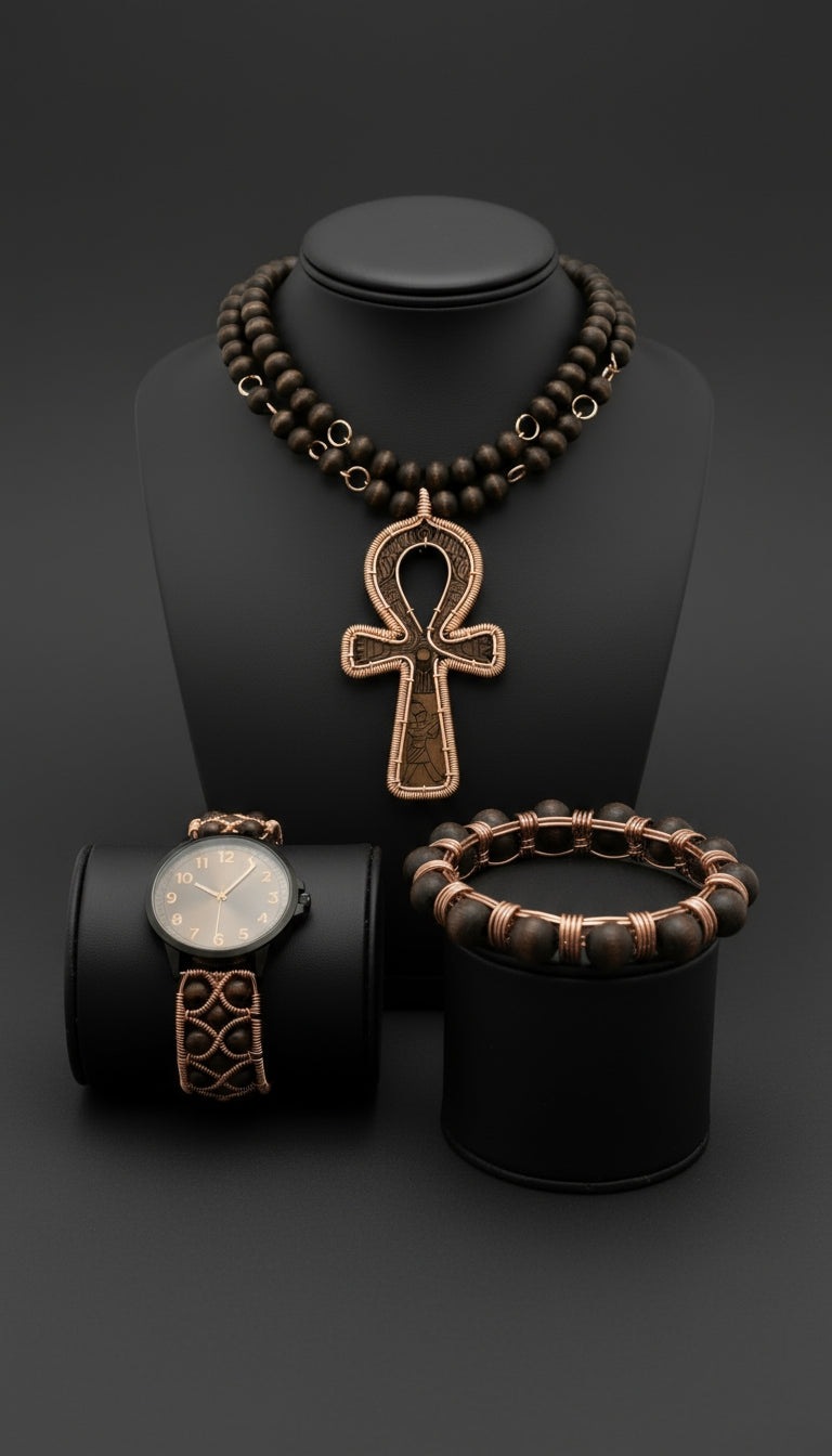 iamevibez Copper Wire Wrapped Rare Ghanaian Wood Ankh Set The Vibez Shop