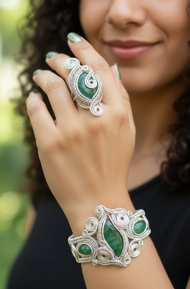 Call 505- 347-6539 to place a order on this piece         Sterling silver wire wrapped green aventurine ring and bracelet set The Vibez Shop