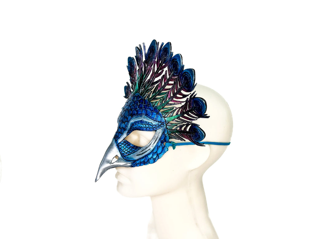 Metallic Blue Peacock Handmade Genuine Leather Mask Rockwell Masks