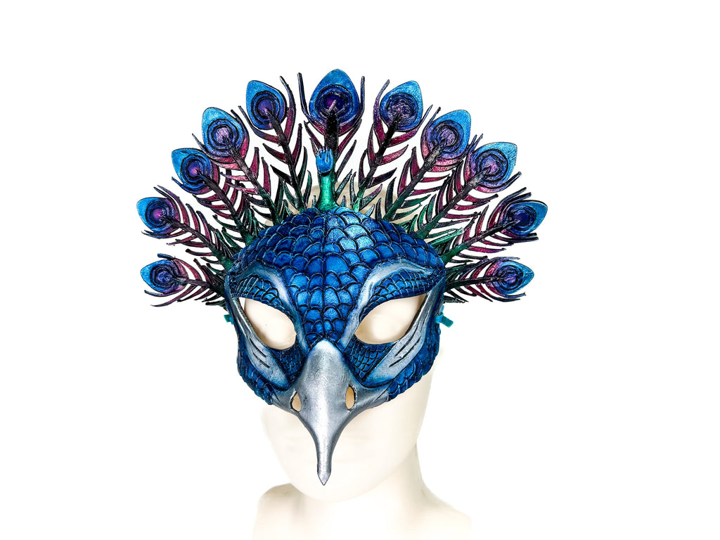 Metallic Blue Peacock Handmade Genuine Leather Mask Rockwell Masks
