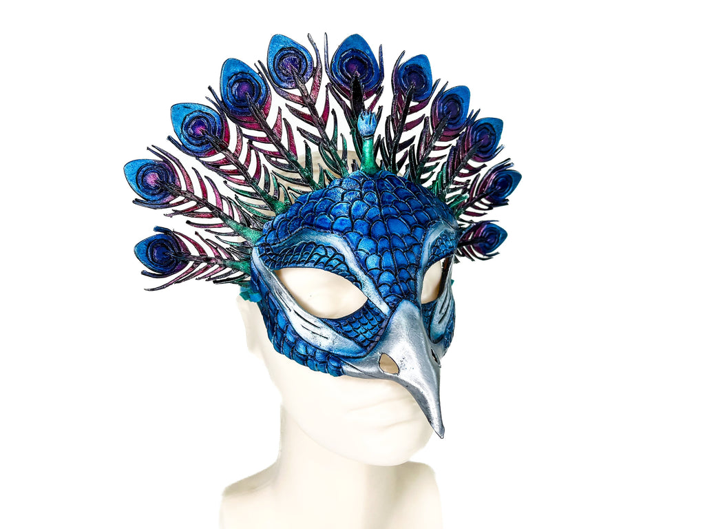 Metallic Blue Peacock Handmade Genuine Leather Mask Rockwell Masks