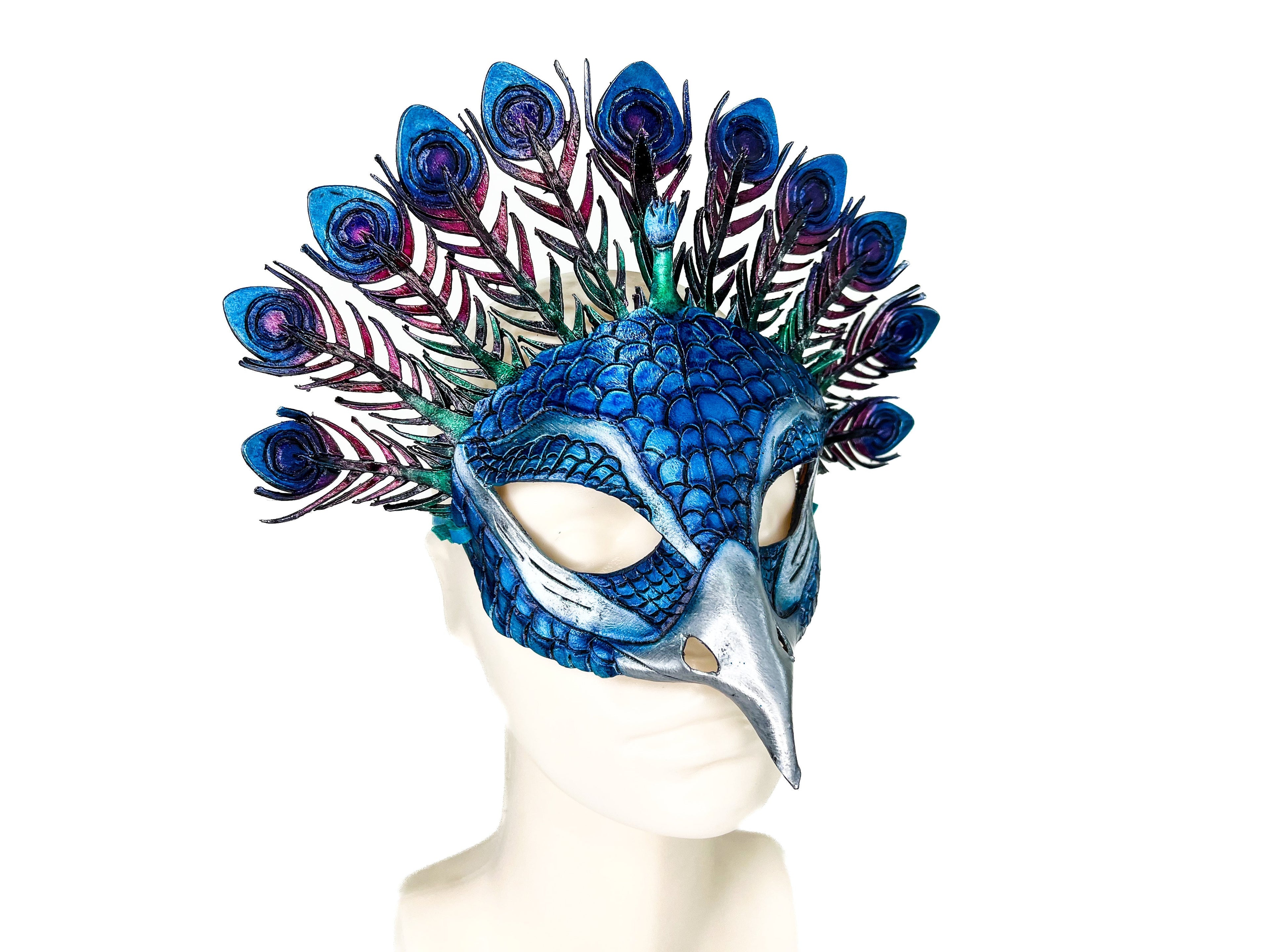 Metallic Blue Peacock Handmade Genuine Leather Mask Rockwell Masks