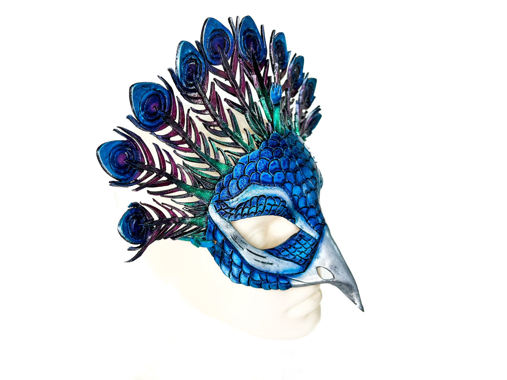 Metallic Blue Peacock Handmade Genuine Leather Mask Rockwell Masks