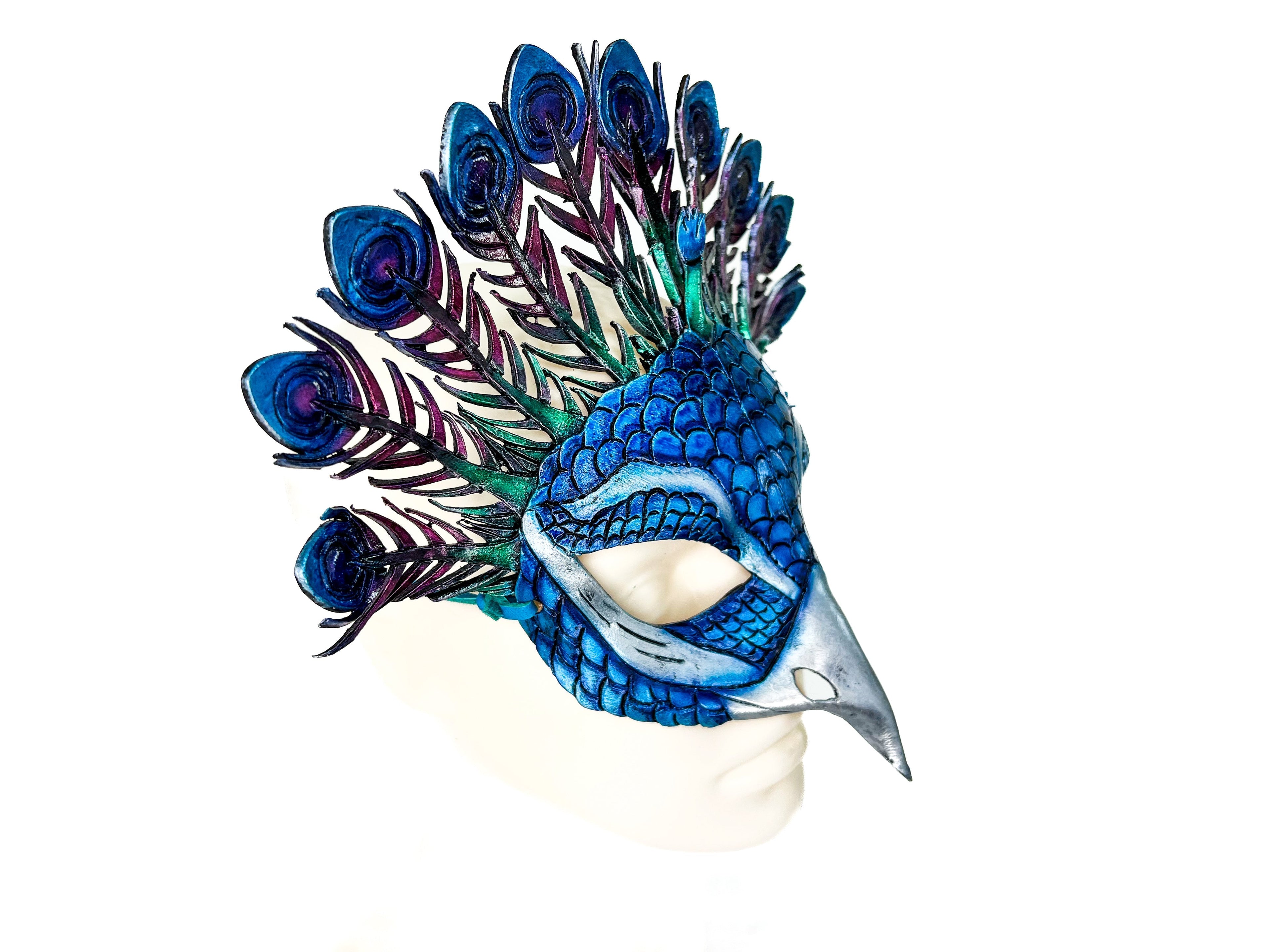 Metallic Blue Peacock Handmade Genuine Leather Mask Rockwell Masks