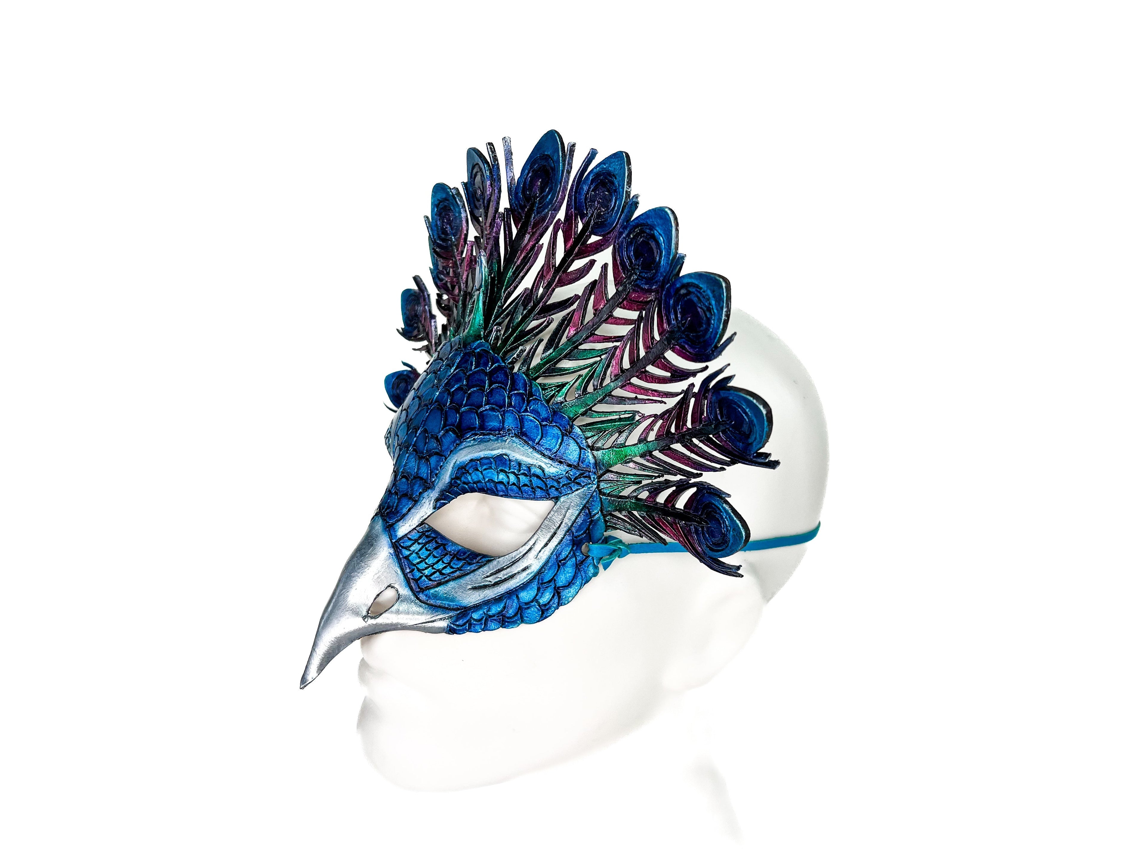 Metallic Blue Peacock Handmade Genuine Leather Mask Rockwell Masks