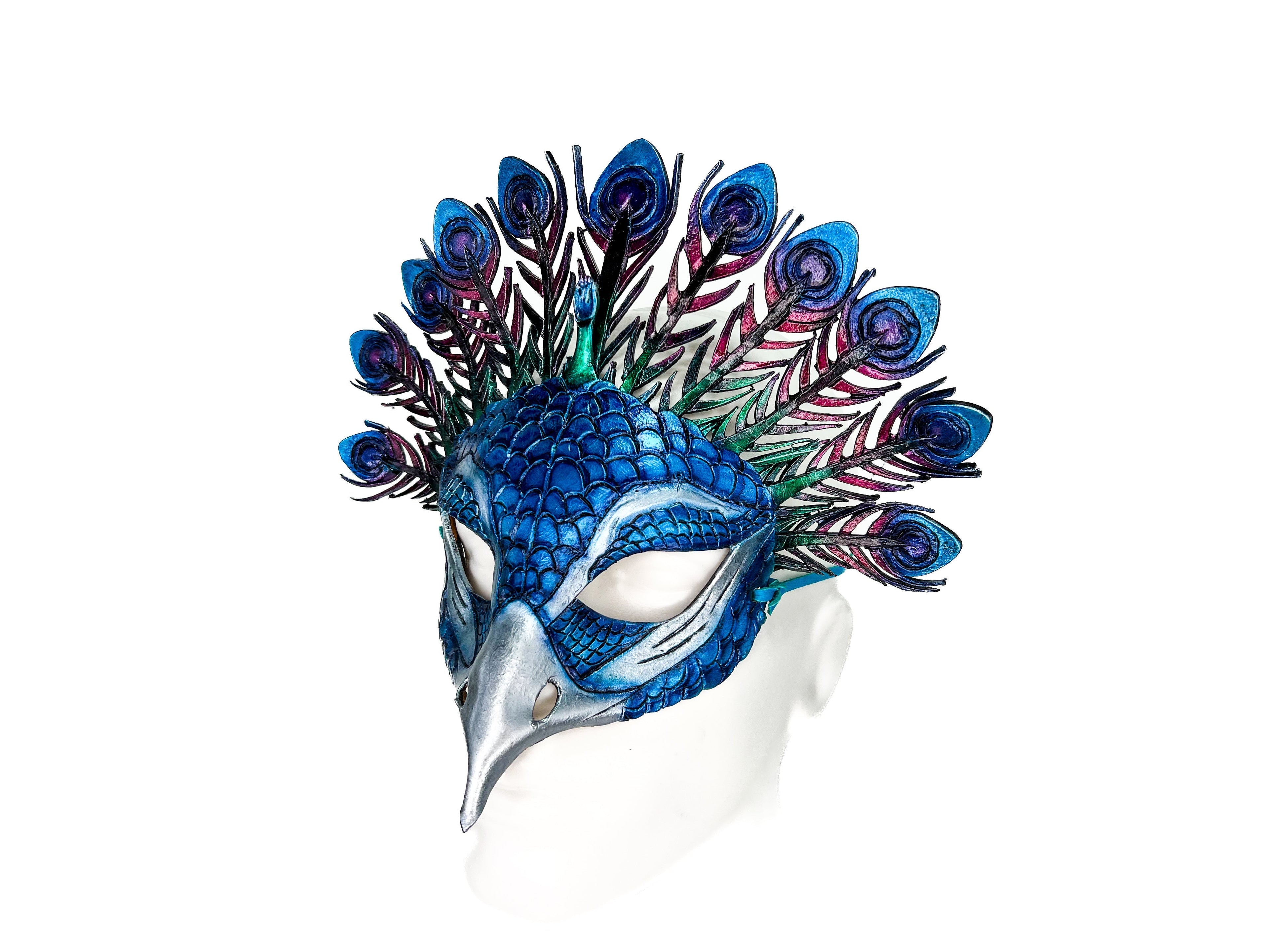 Metallic Blue Peacock Handmade Genuine Leather Mask Rockwell Masks