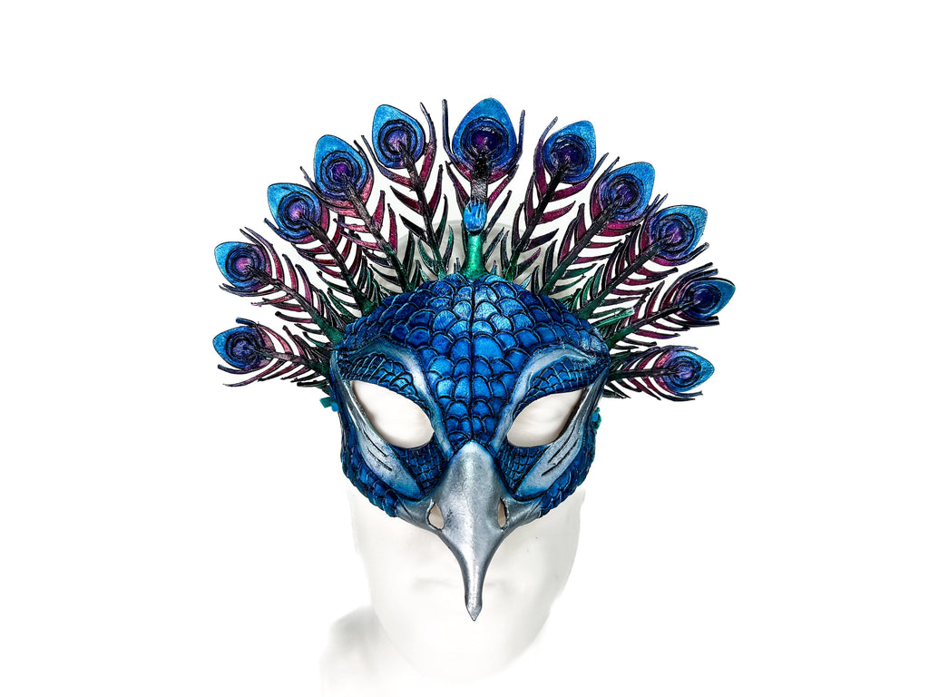 Metallic Blue Peacock Handmade Genuine Leather Mask Rockwell Masks