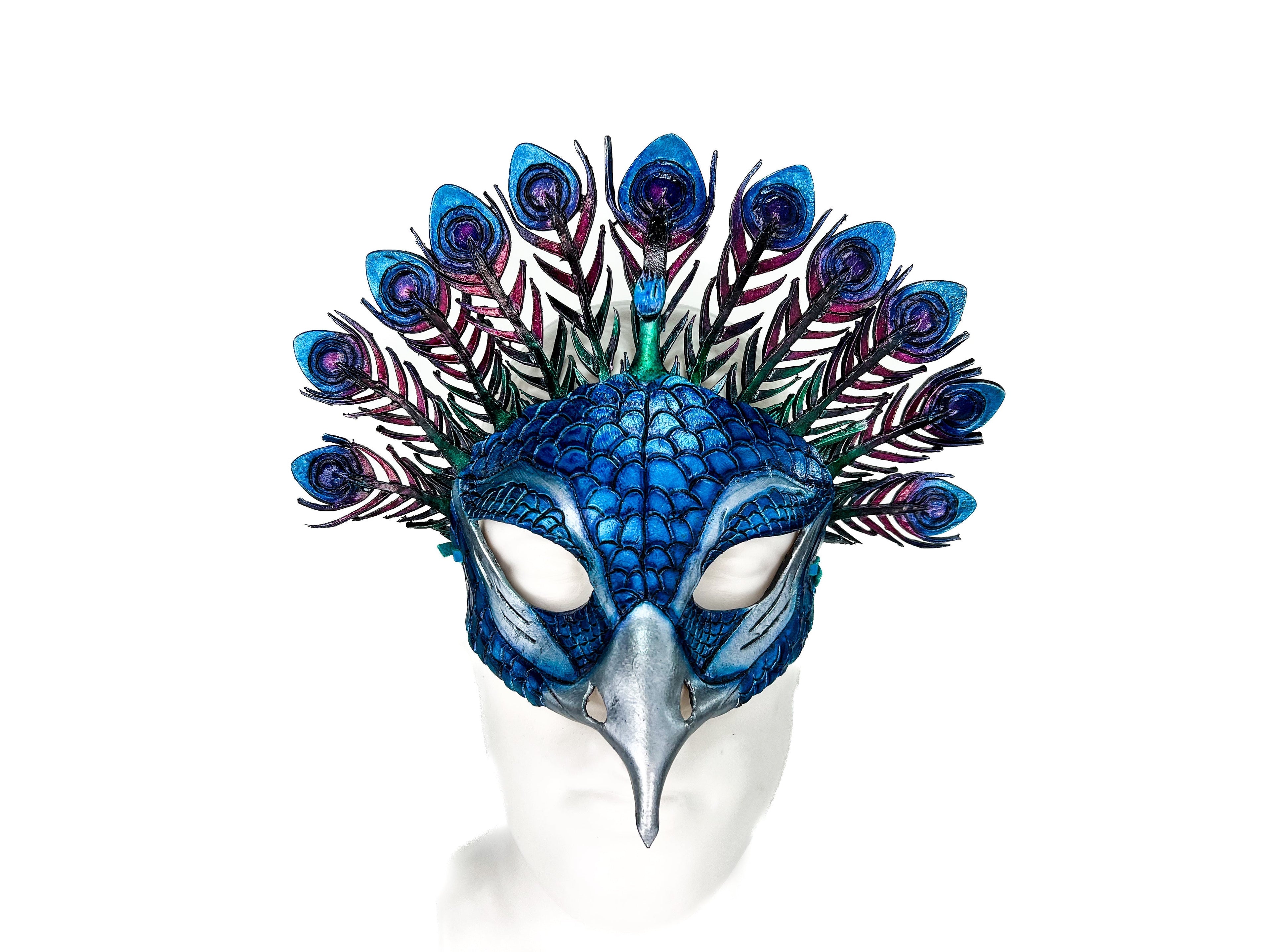 Metallic Blue Peacock Handmade Genuine Leather Mask Rockwell Masks