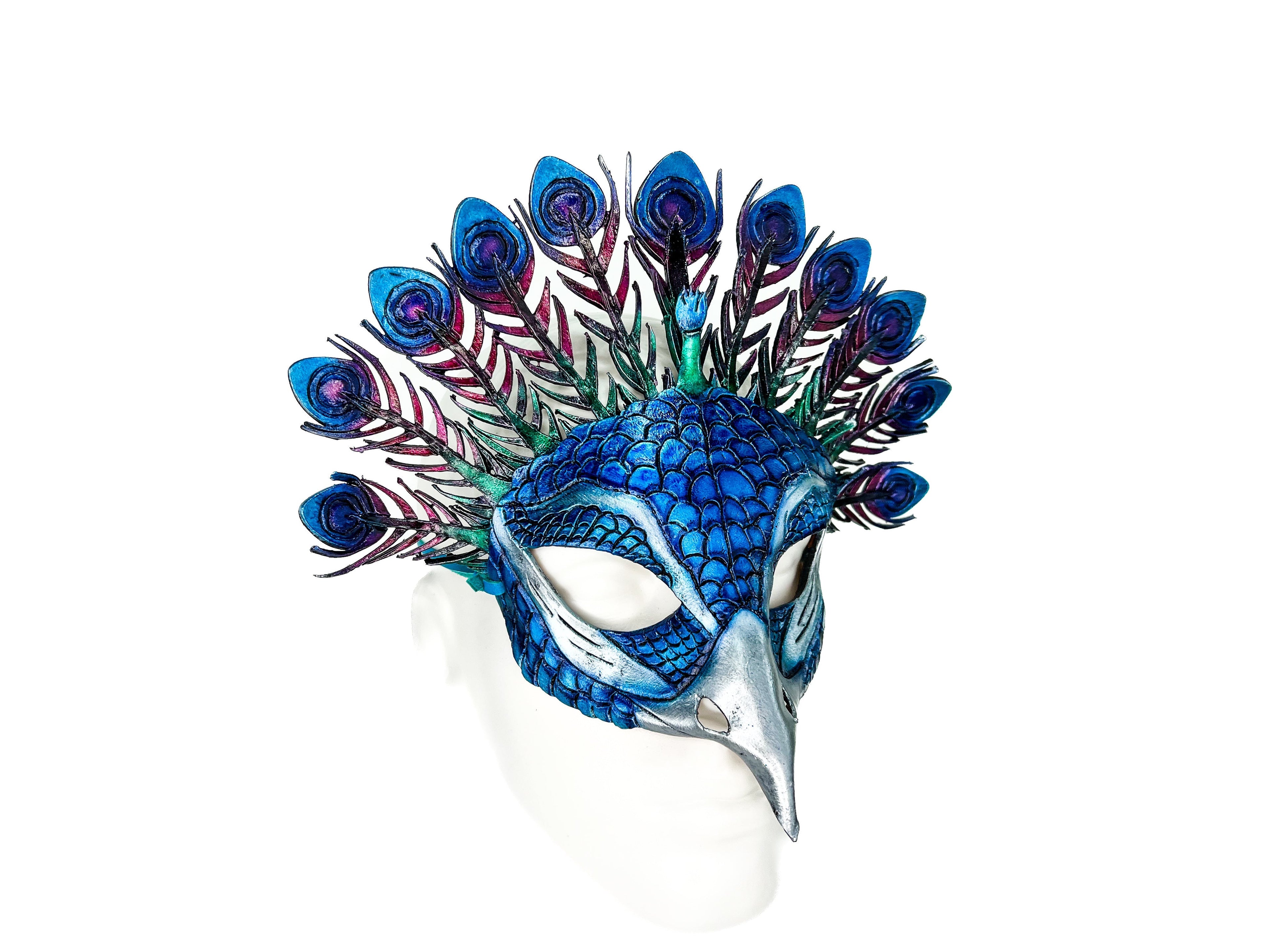 Metallic Blue Peacock Handmade Genuine Leather Mask Rockwell Masks