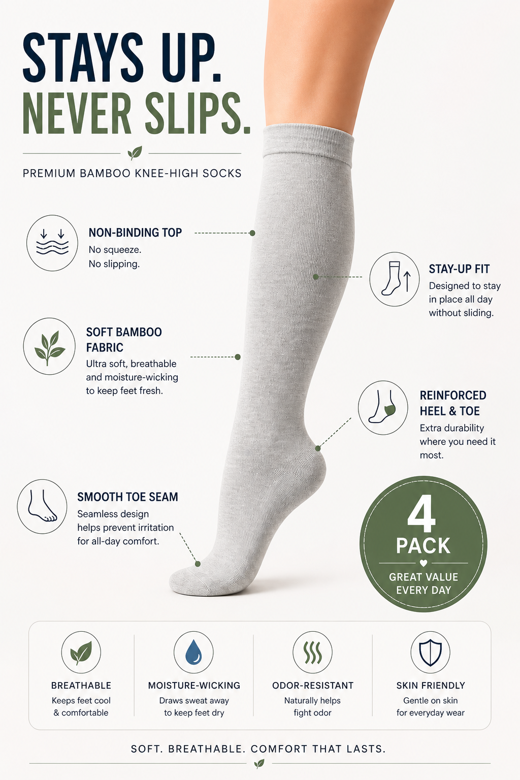 Women’s Bamboo Knee-High Socks 4-Pack – Soft & Breathable Bambooven