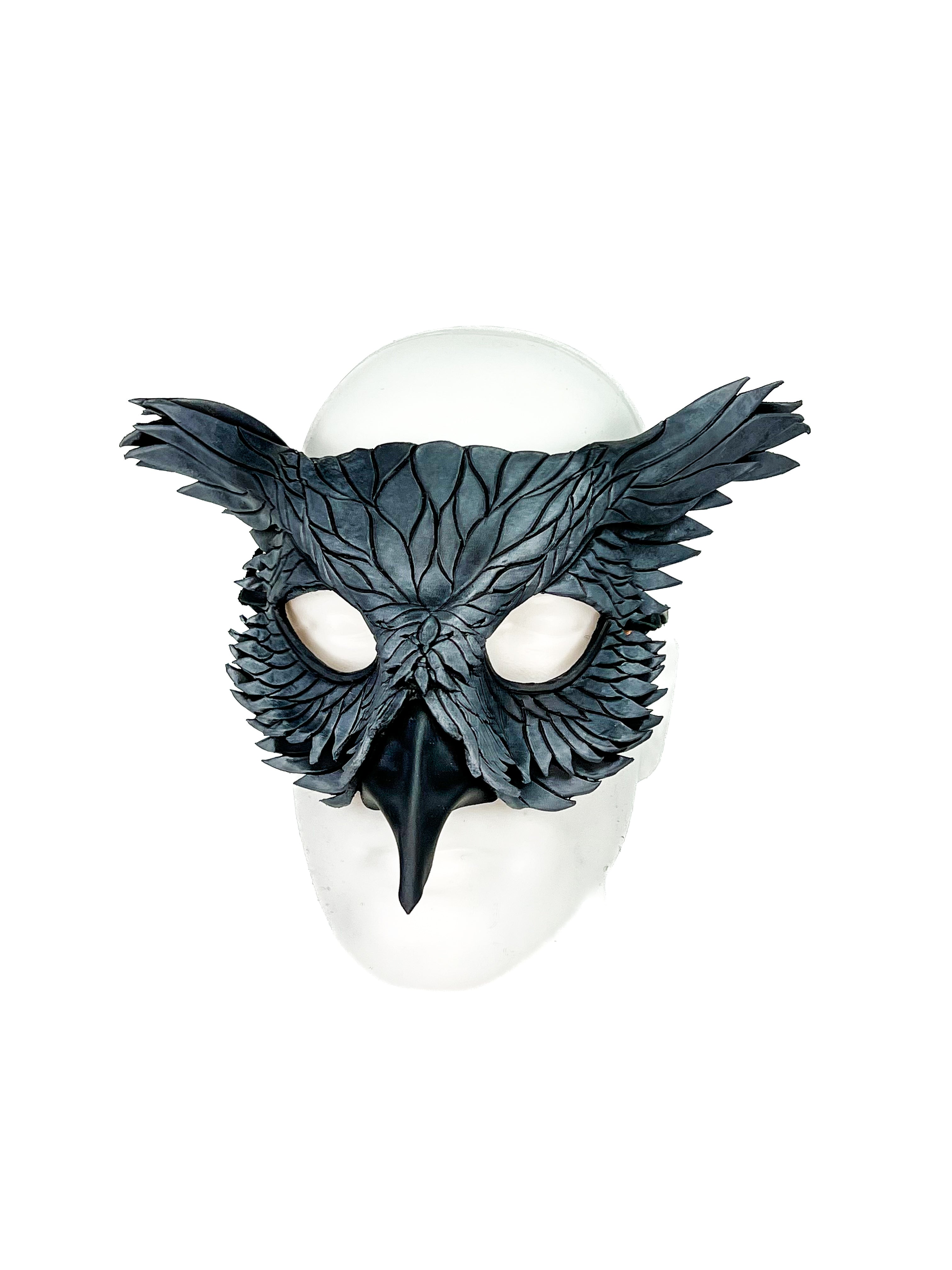 Layered Horned Owl Handmade Genuine Leather Mask in Grey Rockwell Masks