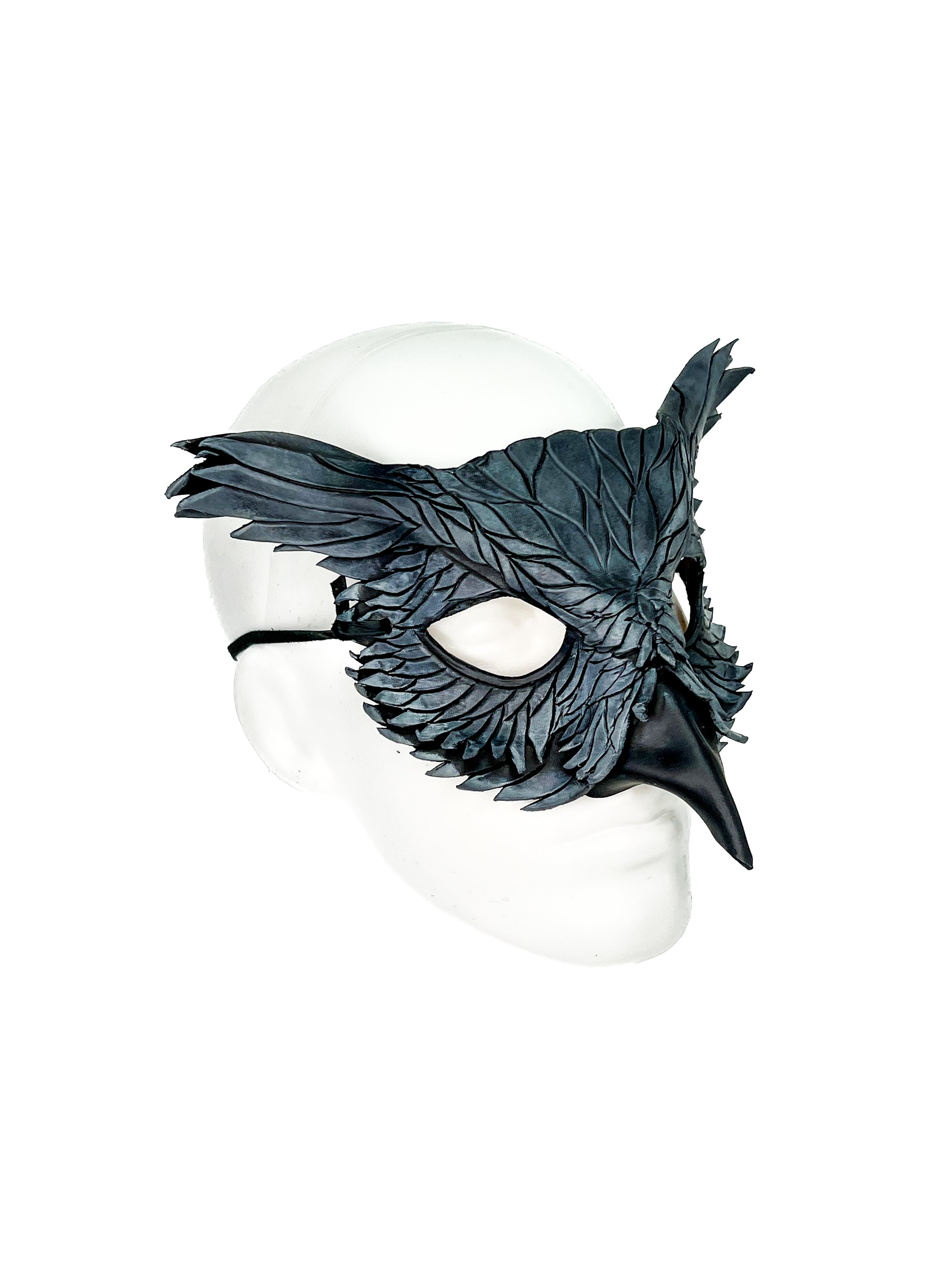 Layered Horned Owl Handmade Genuine Leather Mask in Grey Rockwell Masks