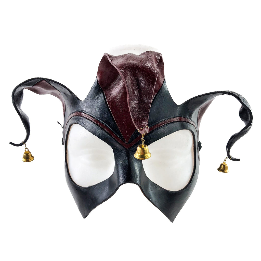 Handmade Genuine Leather Jester Mask in Red and Black with Brass Bells Rockwell Masks