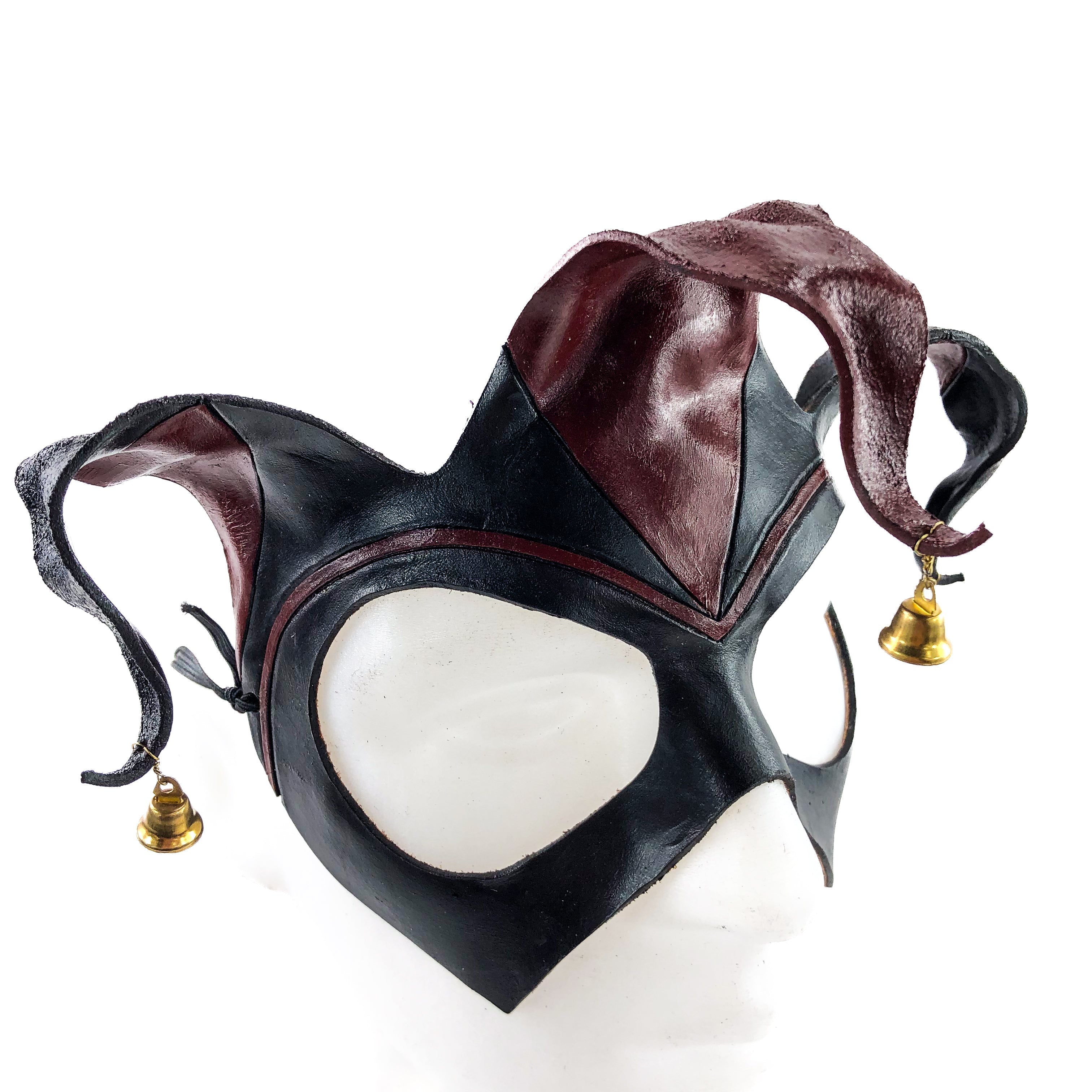 Handmade Genuine Leather Jester Mask in Red and Black with Brass Bells Rockwell Masks