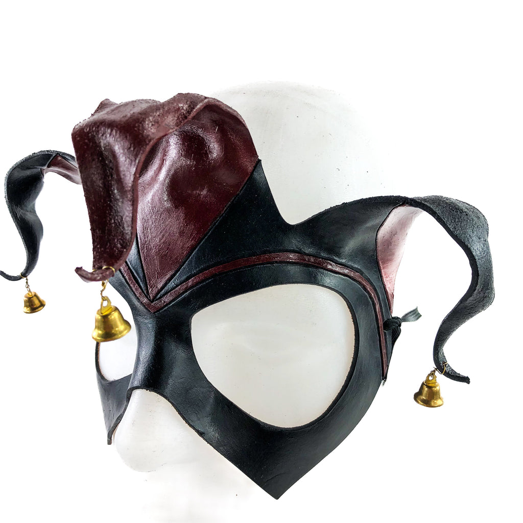 Handmade Genuine Leather Jester Mask in Red and Black with Brass Bells Rockwell Masks